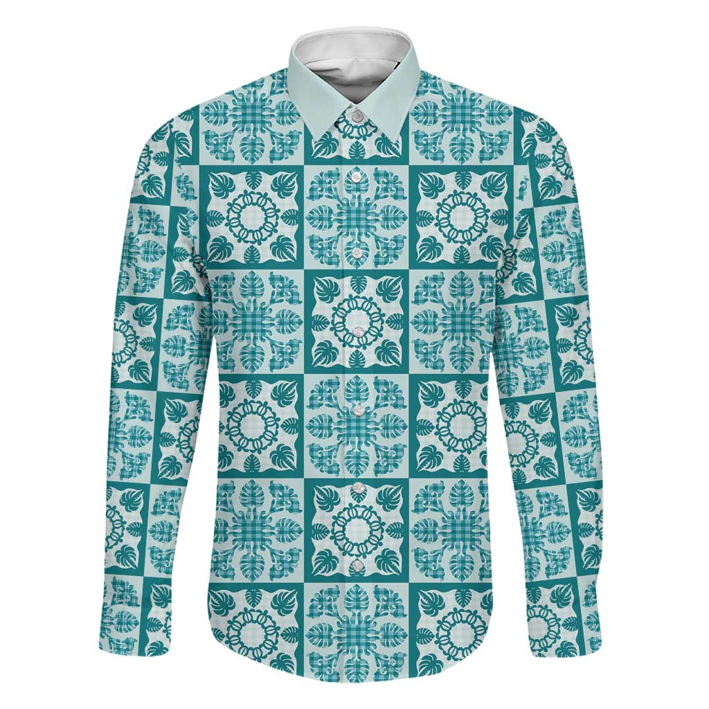 Cyan Palaka Quilt Hawaii Family Matching Long Sleeve Bodycon Dress and Hawaiian Shirt Hawaiian Tropical Monstera Sea Turtle LT14 Dad's Shirt - Long Sleeve Cyan - Polynesian Pride