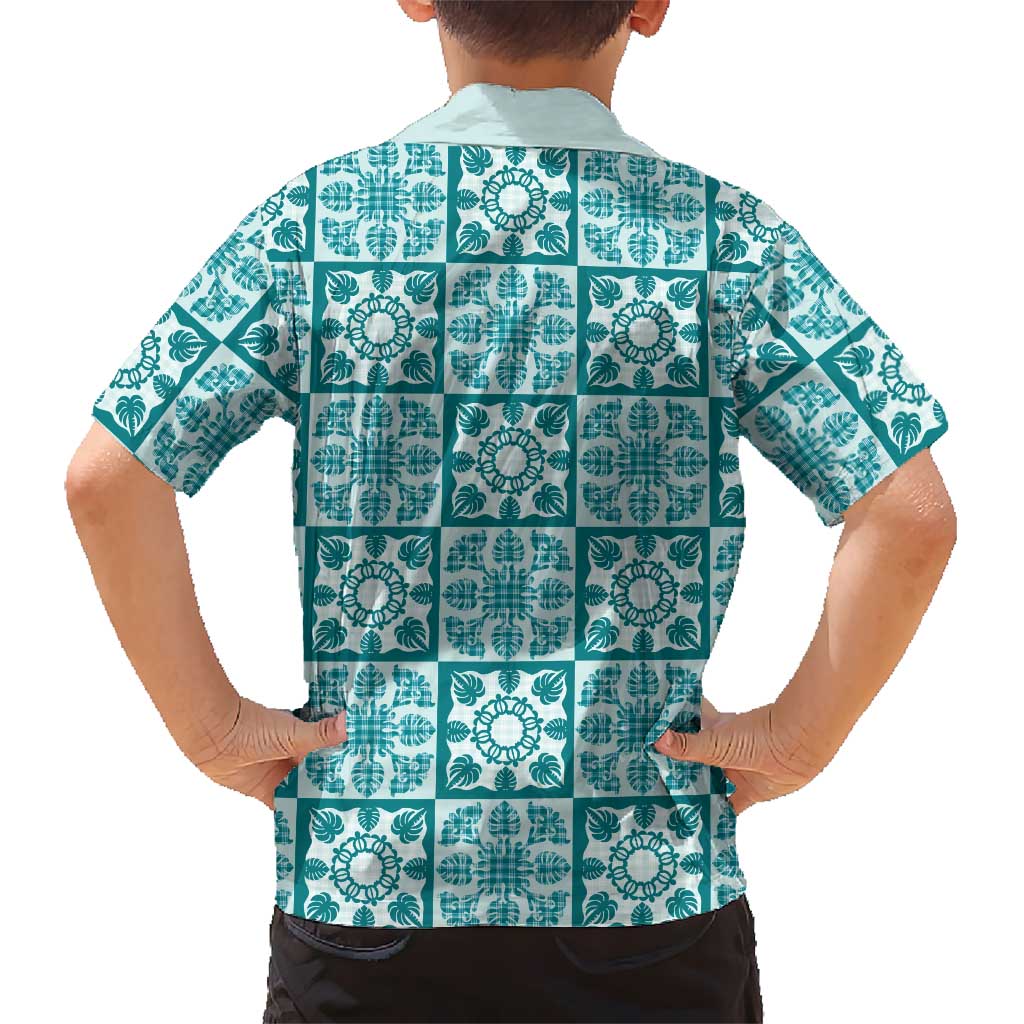 Cyan Palaka Quilt Hawaii Family Matching Mermaid Dress and Hawaiian Shirt Hawaiian Tropical Monstera Sea Turtle LT14 - Polynesian Pride