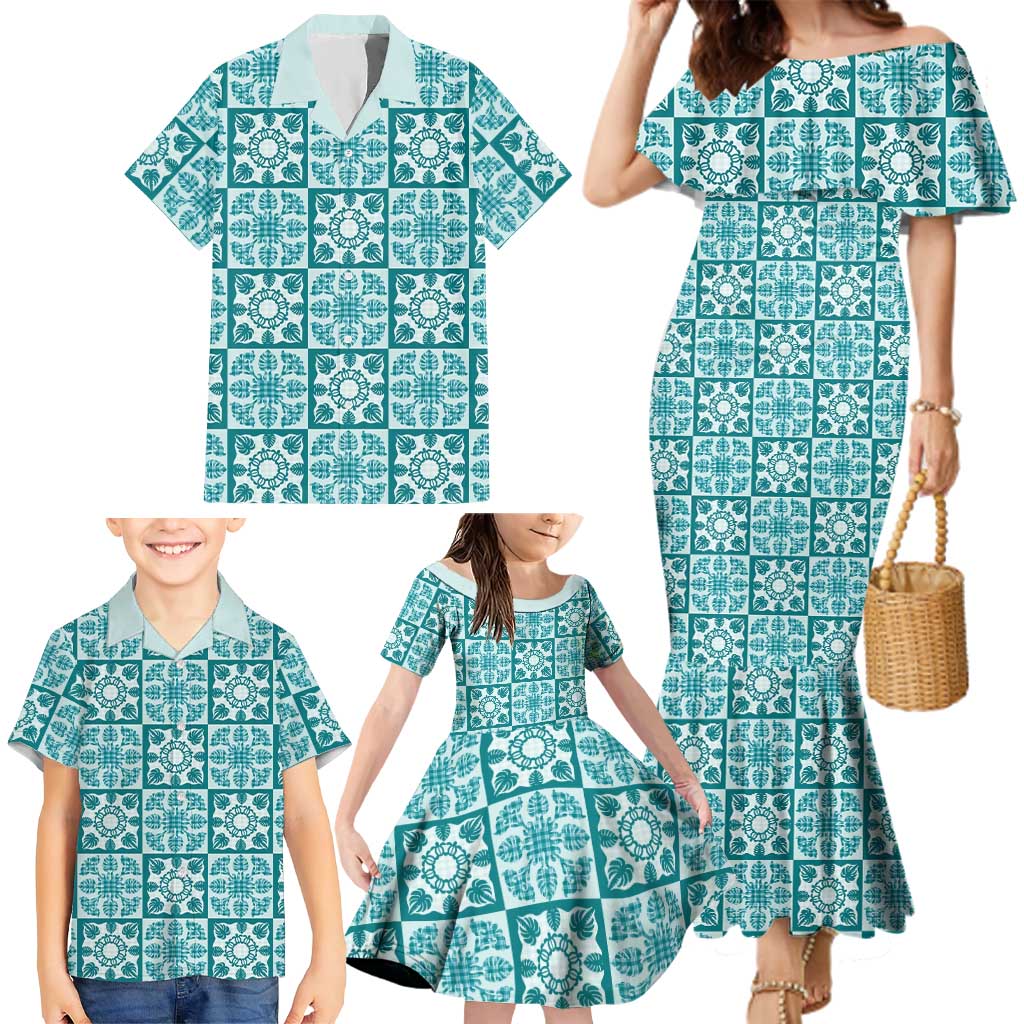 Cyan Palaka Quilt Hawaii Family Matching Mermaid Dress and Hawaiian Shirt Hawaiian Tropical Monstera Sea Turtle LT14 - Polynesian Pride