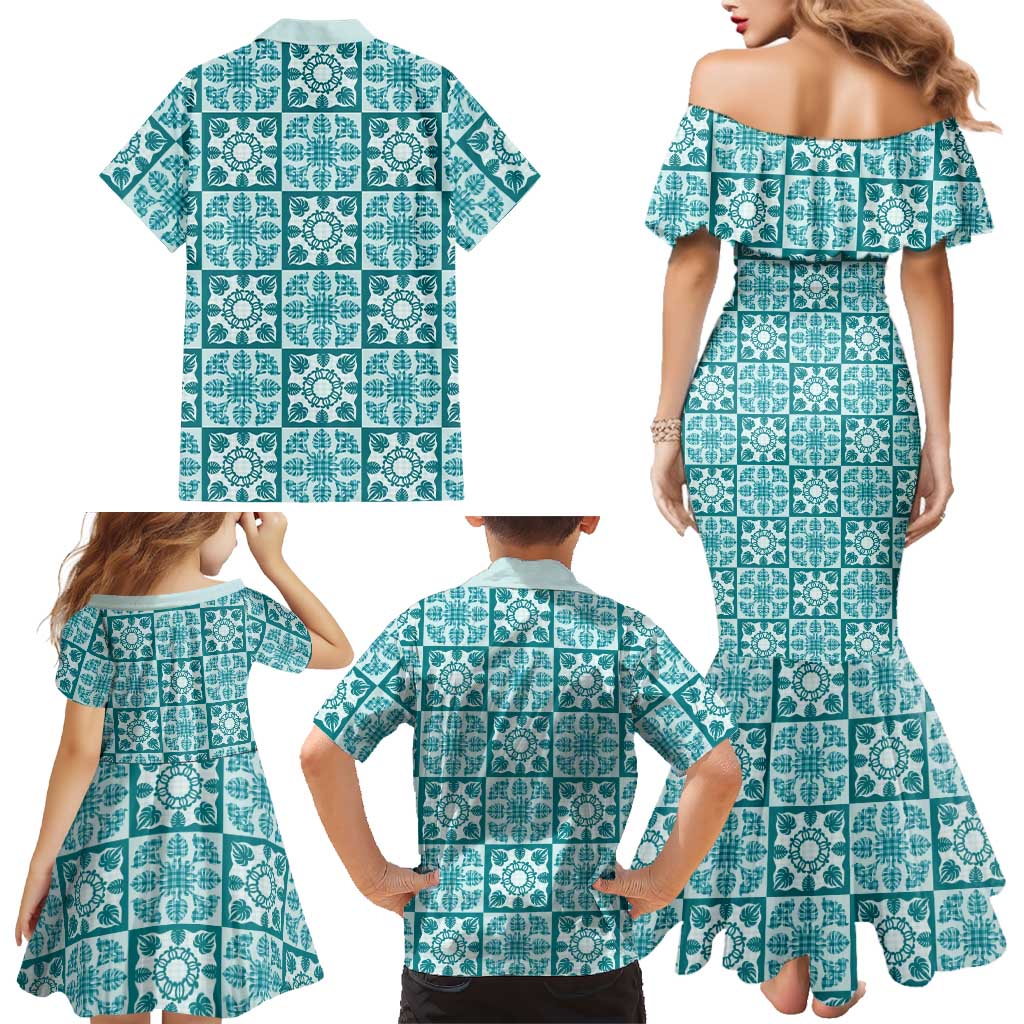 Cyan Palaka Quilt Hawaii Family Matching Mermaid Dress and Hawaiian Shirt Hawaiian Tropical Monstera Sea Turtle LT14 - Polynesian Pride