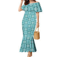 Cyan Palaka Quilt Hawaii Family Matching Mermaid Dress and Hawaiian Shirt Hawaiian Tropical Monstera Sea Turtle LT14 Mom's Dress Cyan - Polynesian Pride