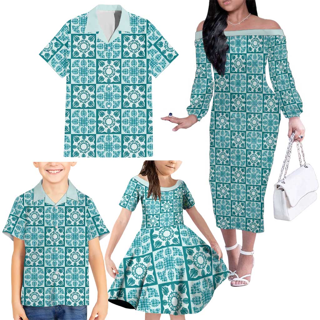 Cyan Palaka Quilt Hawaii Family Matching Off The Shoulder Long Sleeve Dress and Hawaiian Shirt Hawaiian Tropical Monstera Sea Turtle LT14 - Polynesian Pride