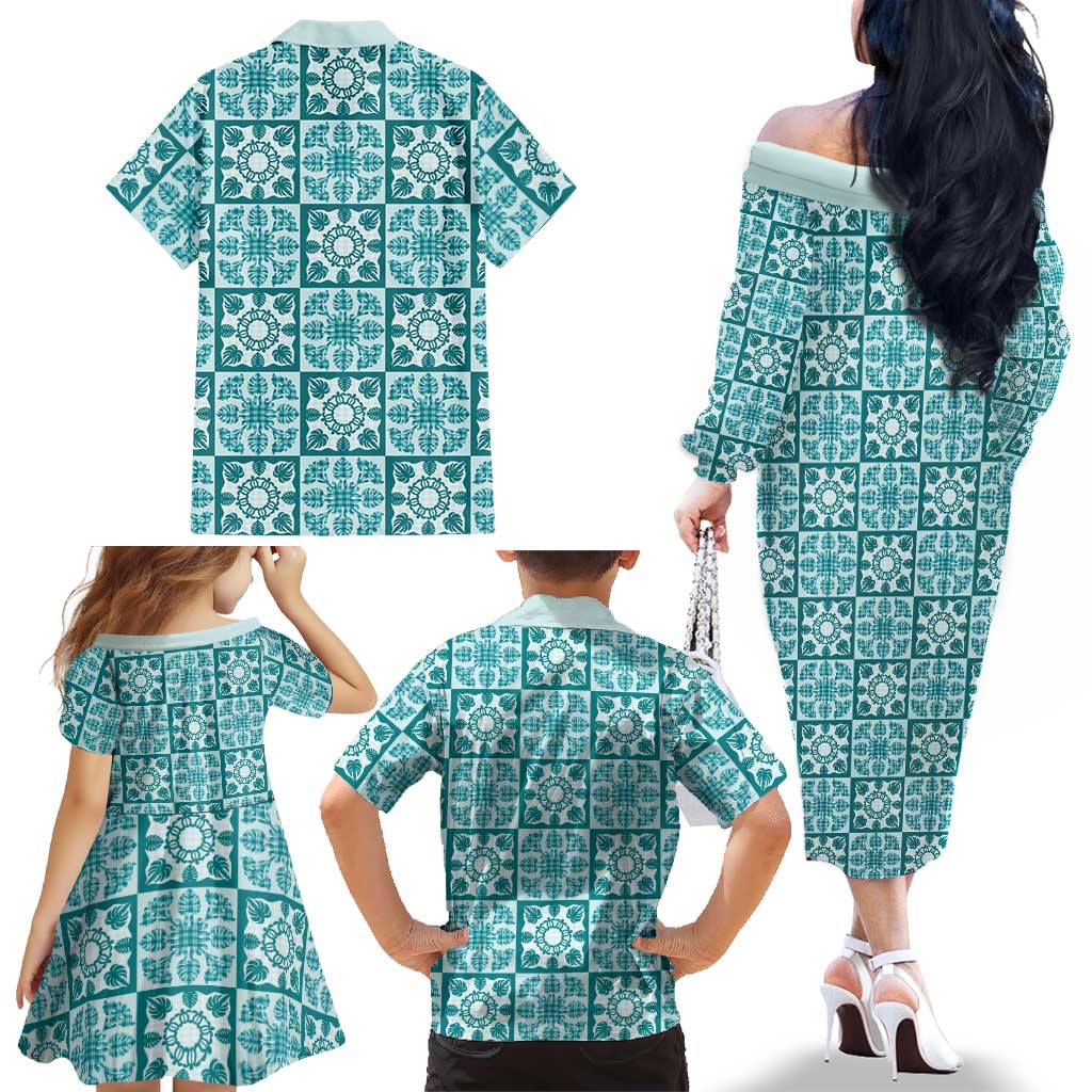 Cyan Palaka Quilt Hawaii Family Matching Off The Shoulder Long Sleeve Dress and Hawaiian Shirt Hawaiian Tropical Monstera Sea Turtle LT14 - Polynesian Pride