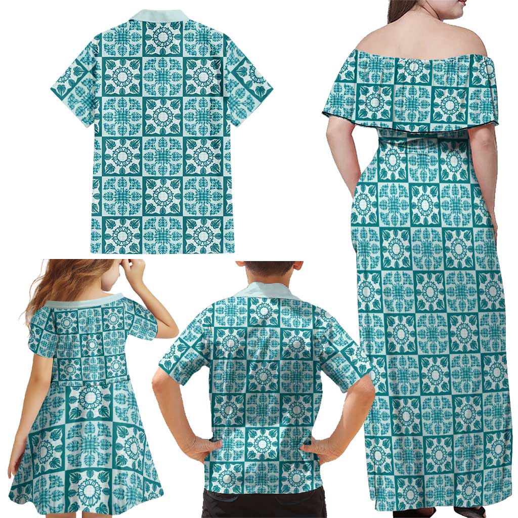 Cyan Palaka Quilt Hawaii Family Matching Off Shoulder Maxi Dress and Hawaiian Shirt Hawaiian Tropical Monstera Sea Turtle LT14 - Polynesian Pride