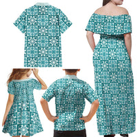 Cyan Palaka Quilt Hawaii Family Matching Off Shoulder Maxi Dress and Hawaiian Shirt Hawaiian Tropical Monstera Sea Turtle LT14 - Polynesian Pride