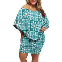 Cyan Palaka Quilt Hawaii Family Matching Off Shoulder Short Dress and Hawaiian Shirt Hawaiian Tropical Monstera Sea Turtle LT14 Mom's Dress Cyan - Polynesian Pride