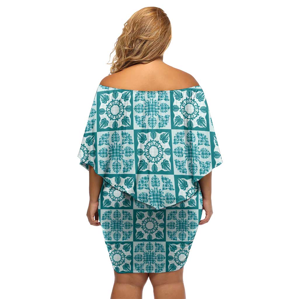 Cyan Palaka Quilt Hawaii Family Matching Off Shoulder Short Dress and Hawaiian Shirt Hawaiian Tropical Monstera Sea Turtle LT14 - Polynesian Pride