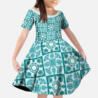 Cyan Palaka Quilt Hawaii Family Matching Puletasi and Hawaiian Shirt Hawaiian Tropical Monstera Sea Turtle LT14 Daughter's Dress Cyan - Polynesian Pride