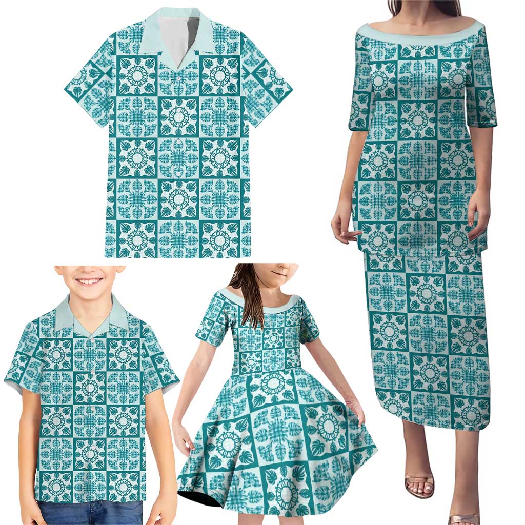 Cyan Palaka Quilt Hawaii Family Matching Puletasi and Hawaiian Shirt Hawaiian Tropical Monstera Sea Turtle LT14 - Polynesian Pride