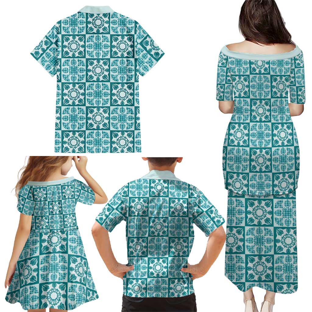 Cyan Palaka Quilt Hawaii Family Matching Puletasi and Hawaiian Shirt Hawaiian Tropical Monstera Sea Turtle LT14 - Polynesian Pride