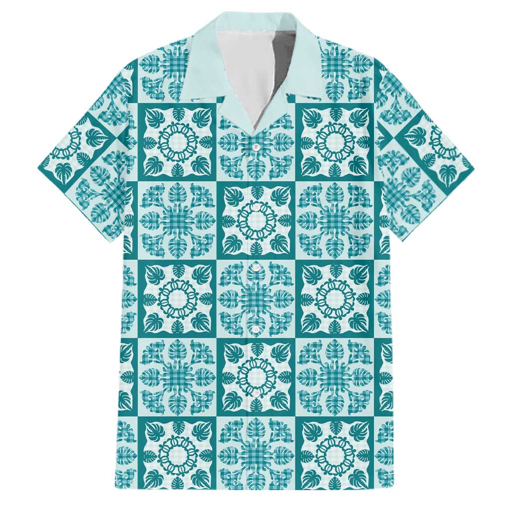 Cyan Palaka Quilt Hawaii Family Matching Puletasi and Hawaiian Shirt Hawaiian Tropical Monstera Sea Turtle LT14 Dad's Shirt - Short Sleeve Cyan - Polynesian Pride