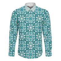 Cyan Palaka Quilt Hawaii Family Matching Puletasi and Hawaiian Shirt Hawaiian Tropical Monstera Sea Turtle LT14 Dad's Shirt - Long Sleeve Cyan - Polynesian Pride
