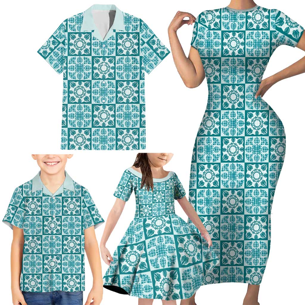 Cyan Palaka Quilt Hawaii Family Matching Short Sleeve Bodycon Dress and Hawaiian Shirt Hawaiian Tropical Monstera Sea Turtle LT14 - Polynesian Pride