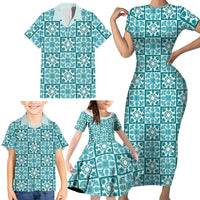 Cyan Palaka Quilt Hawaii Family Matching Short Sleeve Bodycon Dress and Hawaiian Shirt Hawaiian Tropical Monstera Sea Turtle LT14 - Polynesian Pride