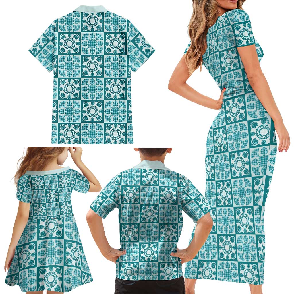 Cyan Palaka Quilt Hawaii Family Matching Short Sleeve Bodycon Dress and Hawaiian Shirt Hawaiian Tropical Monstera Sea Turtle LT14 - Polynesian Pride