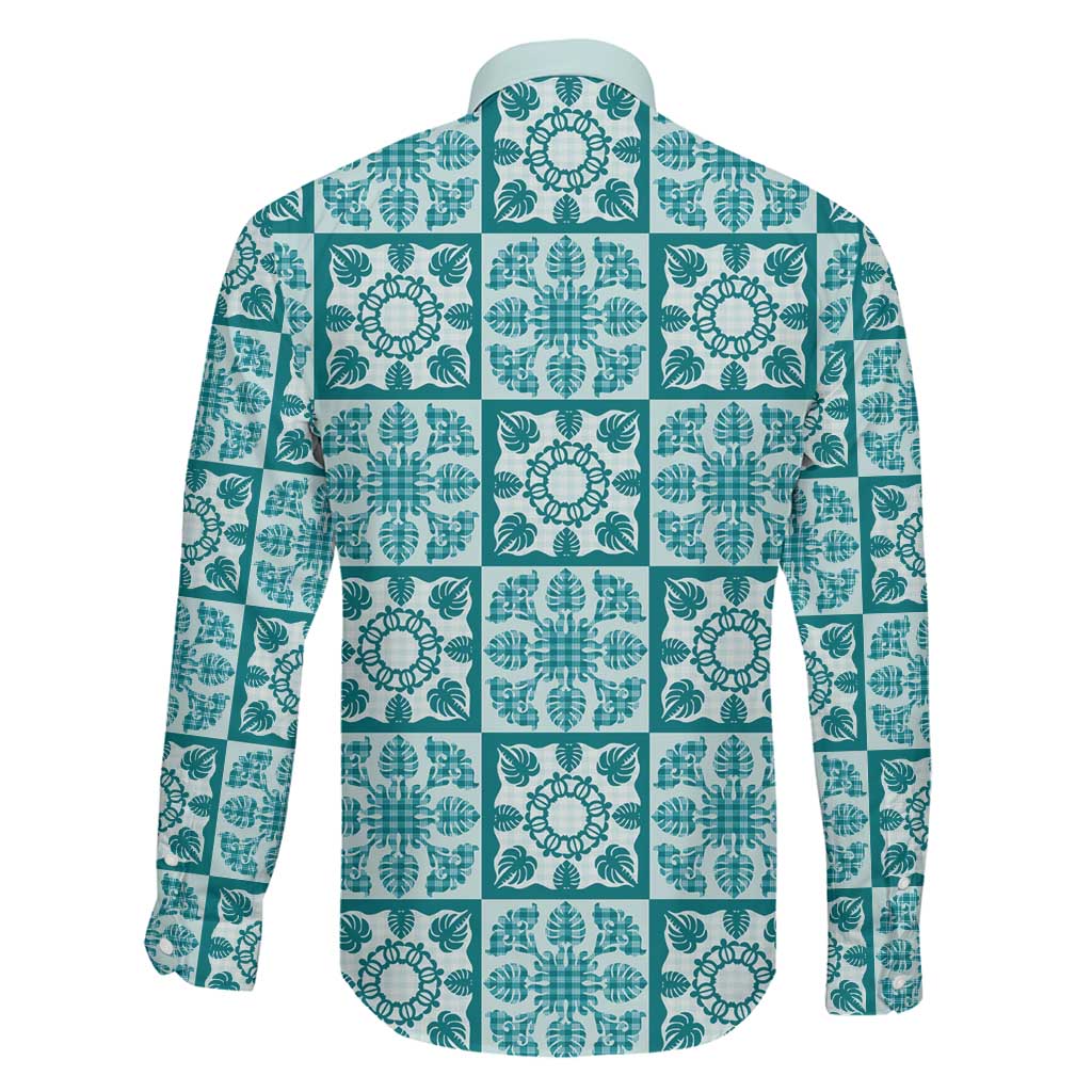 Cyan Palaka Quilt Hawaii Family Matching Short Sleeve Bodycon Dress and Hawaiian Shirt Hawaiian Tropical Monstera Sea Turtle LT14 - Polynesian Pride