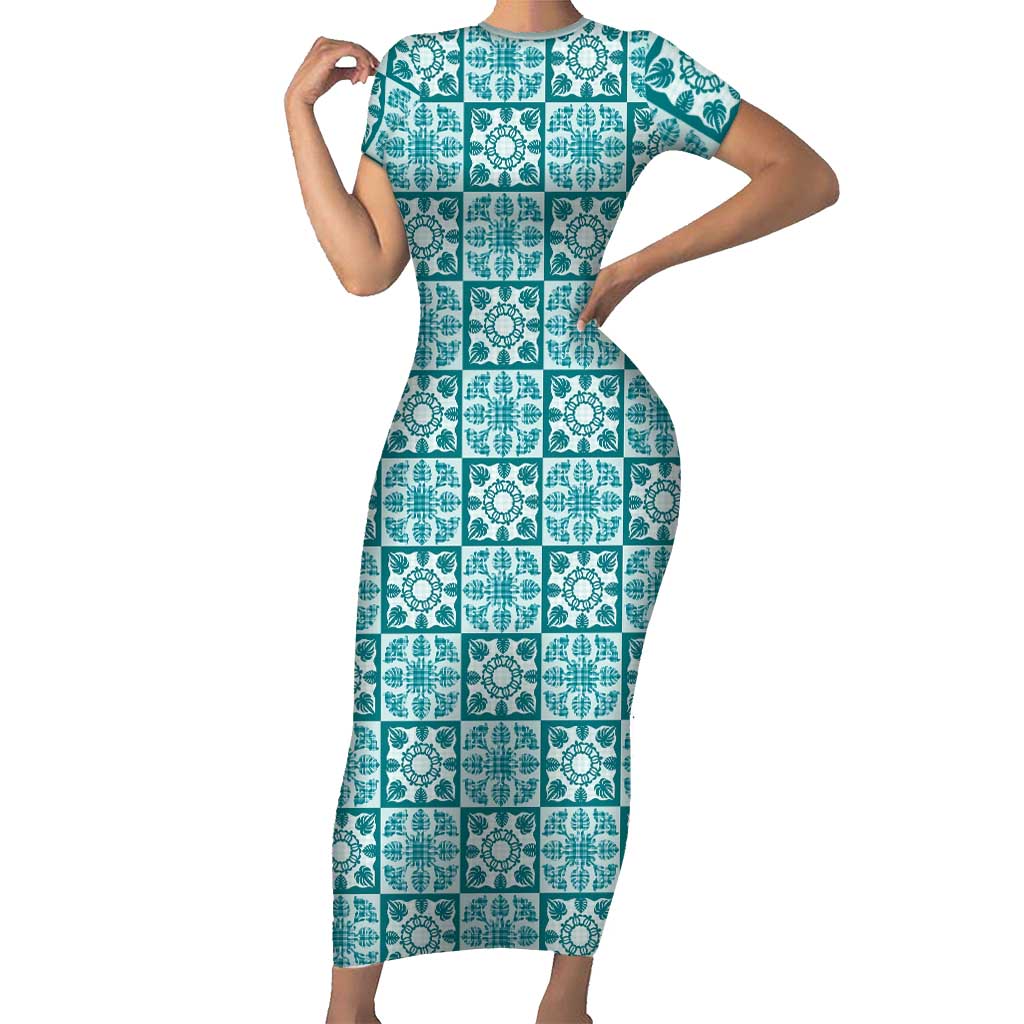Cyan Palaka Quilt Hawaii Family Matching Short Sleeve Bodycon Dress and Hawaiian Shirt Hawaiian Tropical Monstera Sea Turtle LT14 Mom's Dress Cyan - Polynesian Pride