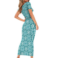 Cyan Palaka Quilt Hawaii Family Matching Short Sleeve Bodycon Dress and Hawaiian Shirt Hawaiian Tropical Monstera Sea Turtle LT14 - Polynesian Pride