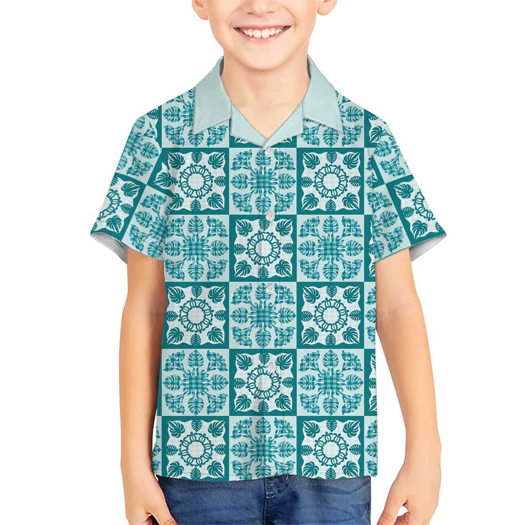 Cyan Palaka Quilt Hawaii Family Matching Tank Maxi Dress and Hawaiian Shirt Hawaiian Tropical Monstera Sea Turtle LT14 Son's Shirt Cyan - Polynesian Pride