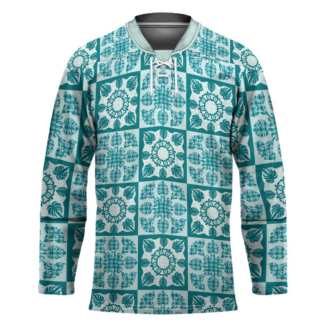 Cyan Palaka Quilt Hawaii Hockey Jersey Hawaiian Tropical Monstera Sea Turtle
