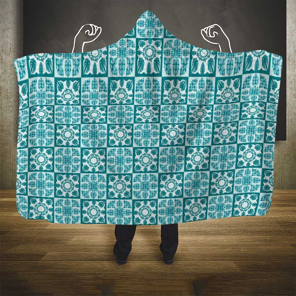 Cyan Palaka Quilt Hawaii Hooded Blanket Hawaiian Tropical Monstera Sea Turtle