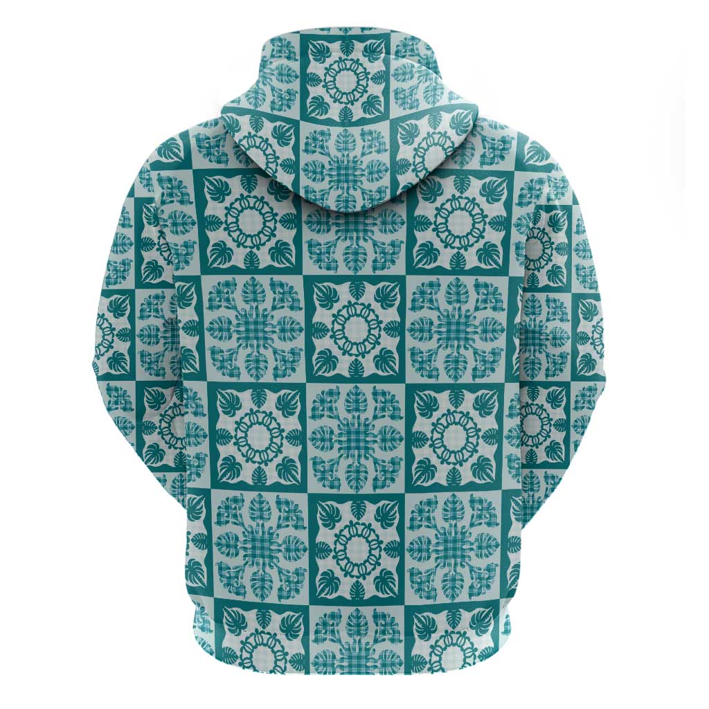 Cyan Palaka Quilt Hawaii Hoodie Hawaiian Tropical Monstera Sea Turtle