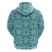 Cyan Palaka Quilt Hawaii Hoodie Hawaiian Tropical Monstera Sea Turtle