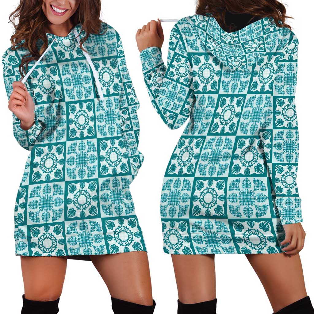 Cyan Palaka Quilt Hawaii Hoodie Dress Hawaiian Tropical Monstera Sea Turtle