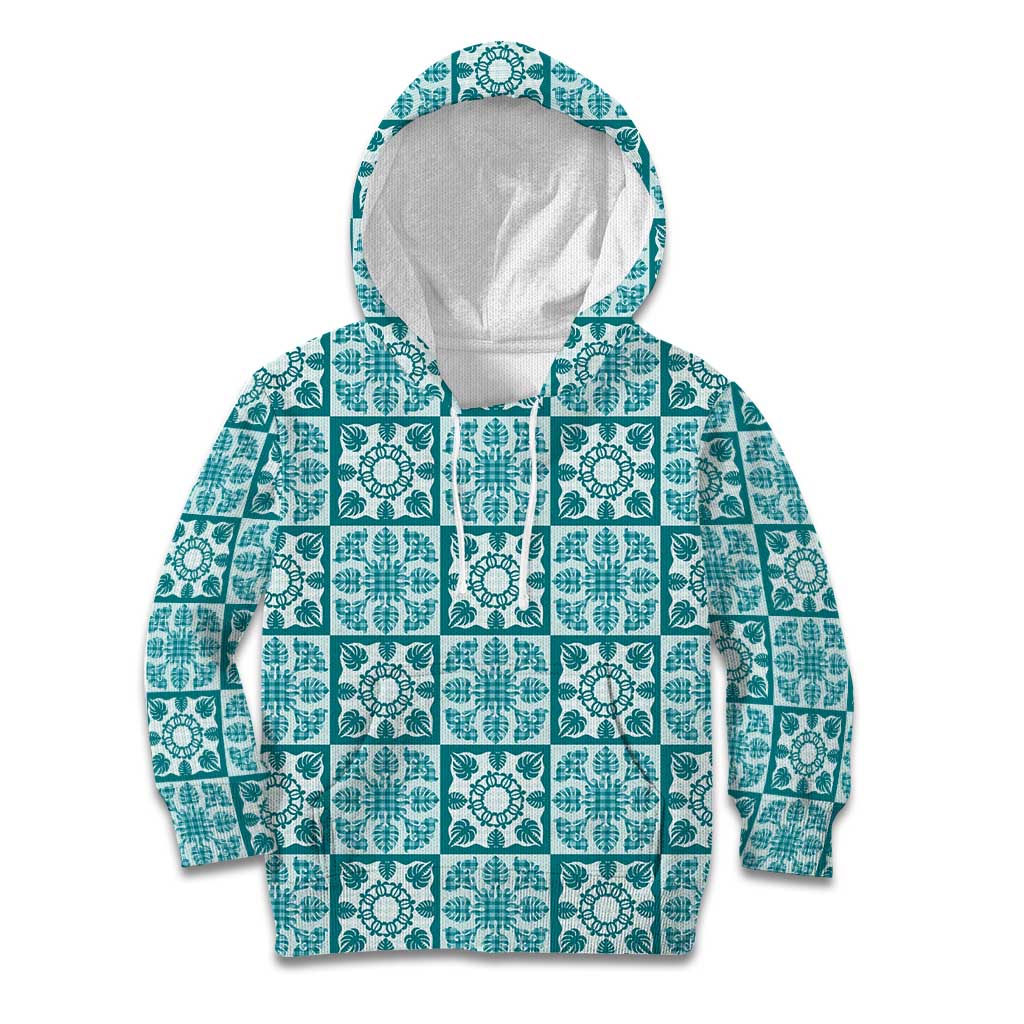 Cyan Palaka Quilt Hawaii Kid Hoodie Hawaiian Tropical Monstera Sea Turtle