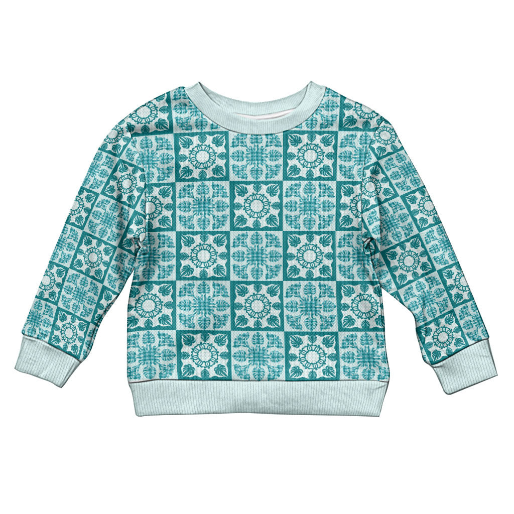 Cyan Palaka Quilt Hawaii Kid Ugly Christmas Sweater Hawaiian Tropical Monstera Sea Turtle