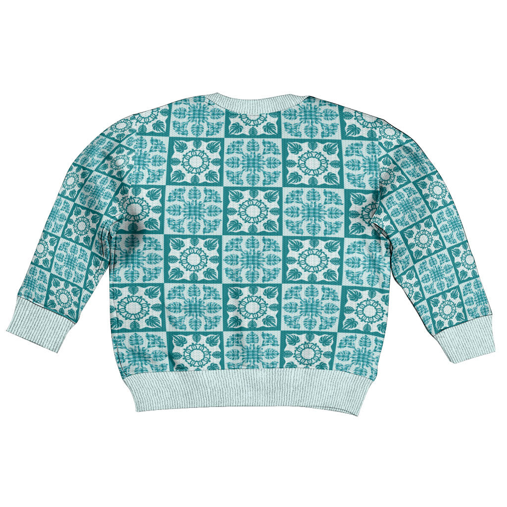 Cyan Palaka Quilt Hawaii Kid Ugly Christmas Sweater Hawaiian Tropical Monstera Sea Turtle