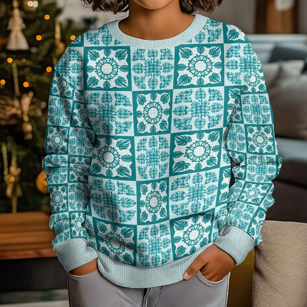 Cyan Palaka Quilt Hawaii Kid Ugly Christmas Sweater Hawaiian Tropical Monstera Sea Turtle