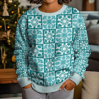 Cyan Palaka Quilt Hawaii Kid Ugly Christmas Sweater Hawaiian Tropical Monstera Sea Turtle
