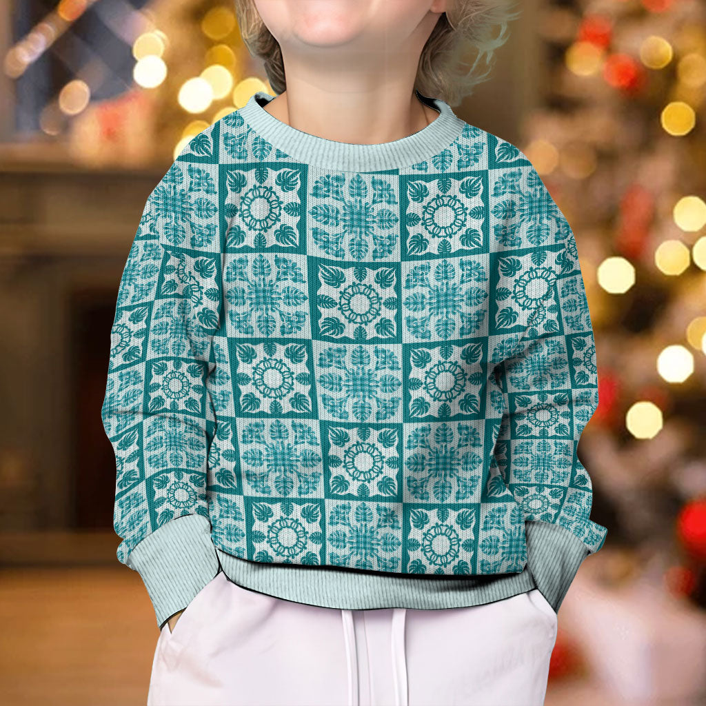 Cyan Palaka Quilt Hawaii Kid Ugly Christmas Sweater Hawaiian Tropical Monstera Sea Turtle