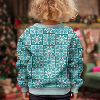Cyan Palaka Quilt Hawaii Kid Ugly Christmas Sweater Hawaiian Tropical Monstera Sea Turtle