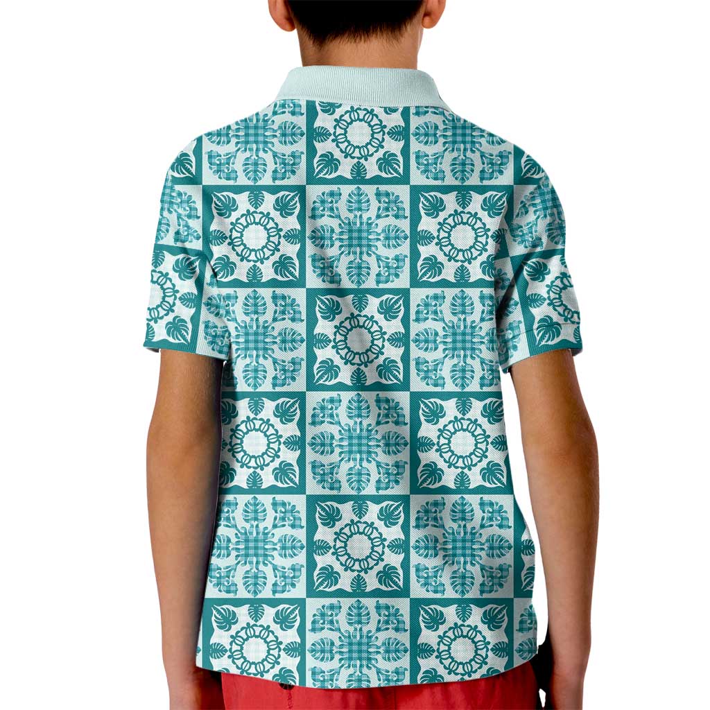 Cyan Palaka Quilt Hawaii Kid Polo Shirt Hawaiian Tropical Monstera Sea Turtle