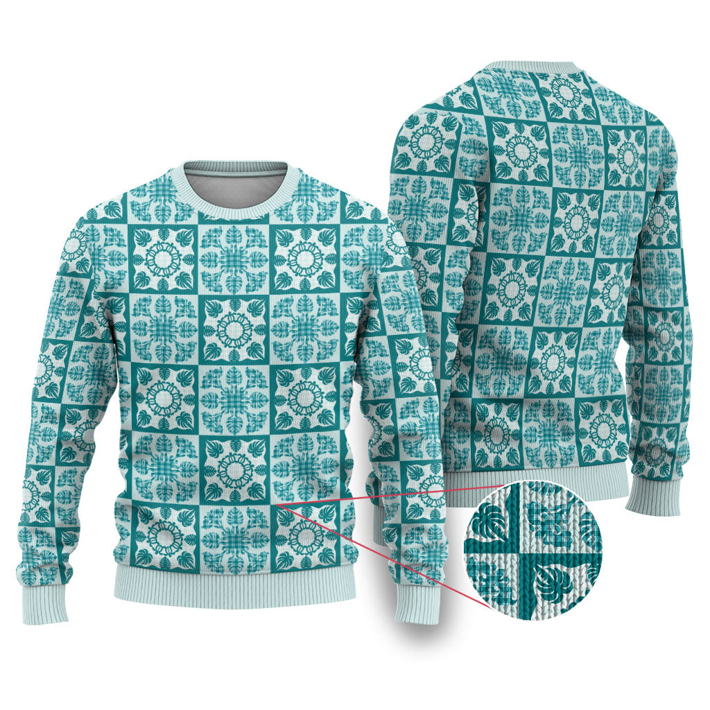 Cyan Palaka Quilt Hawaii Ugly Christmas Sweater Hawaiian Tropical Monstera Sea Turtle