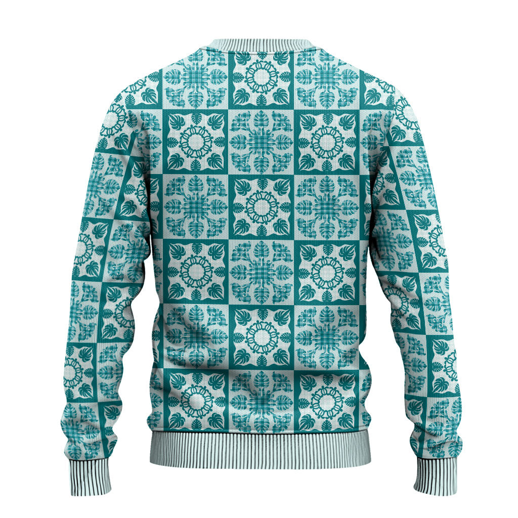 Cyan Palaka Quilt Hawaii Ugly Christmas Sweater Hawaiian Tropical Monstera Sea Turtle
