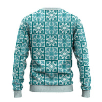 Cyan Palaka Quilt Hawaii Ugly Christmas Sweater Hawaiian Tropical Monstera Sea Turtle
