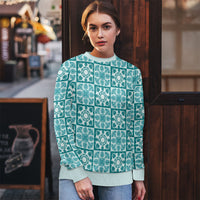 Cyan Palaka Quilt Hawaii Ugly Christmas Sweater Hawaiian Tropical Monstera Sea Turtle