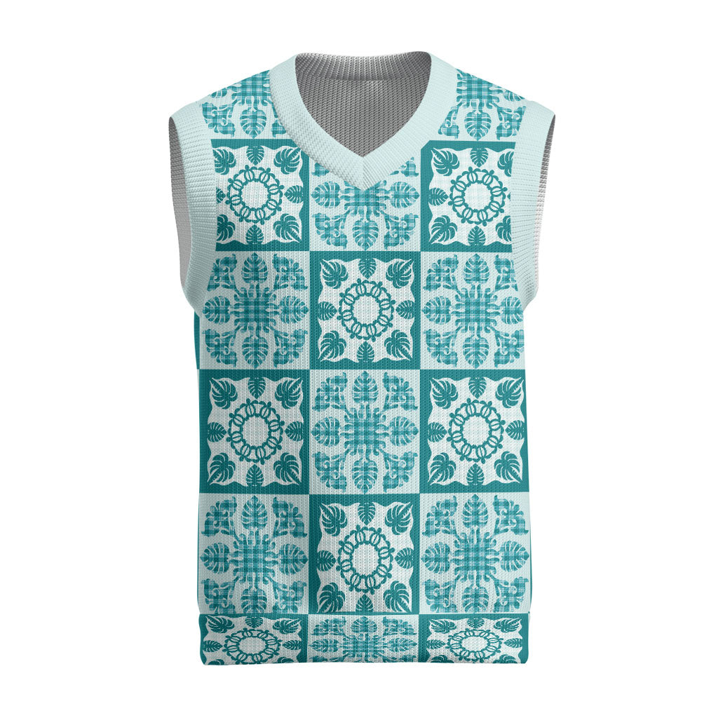 Cyan Palaka Quilt Hawaii Christmas Knitted V-Neck Vest Hawaiian Tropical Monstera Sea Turtle
