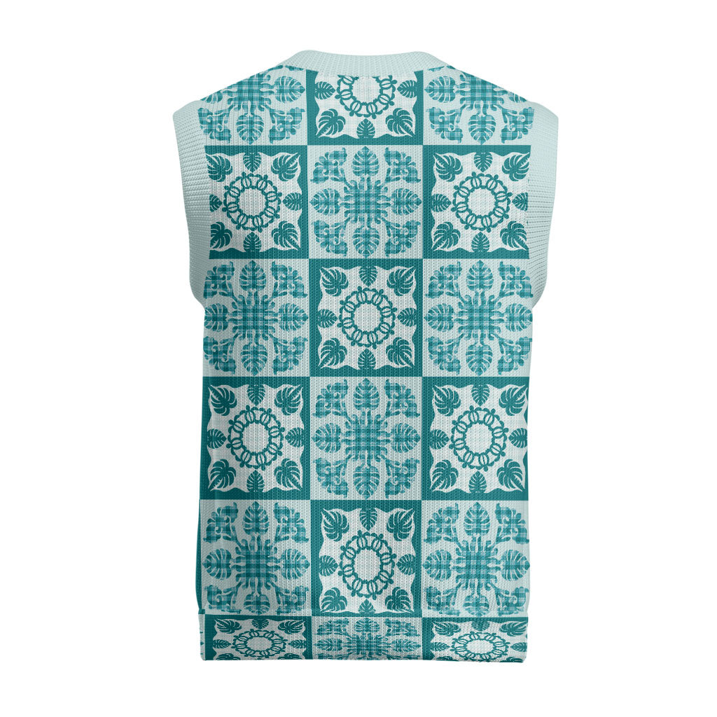 Cyan Palaka Quilt Hawaii Christmas Knitted V-Neck Vest Hawaiian Tropical Monstera Sea Turtle