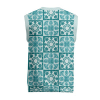 Cyan Palaka Quilt Hawaii Christmas Knitted V-Neck Vest Hawaiian Tropical Monstera Sea Turtle