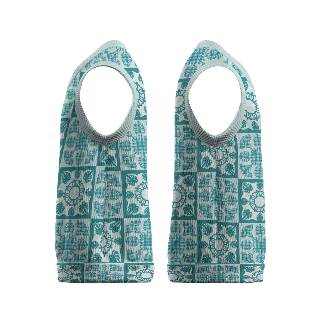 Cyan Palaka Quilt Hawaii Christmas Knitted V-Neck Vest Hawaiian Tropical Monstera Sea Turtle