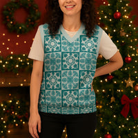 Cyan Palaka Quilt Hawaii Christmas Knitted V-Neck Vest Hawaiian Tropical Monstera Sea Turtle