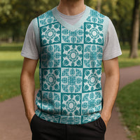 Cyan Palaka Quilt Hawaii Christmas Knitted V-Neck Vest Hawaiian Tropical Monstera Sea Turtle