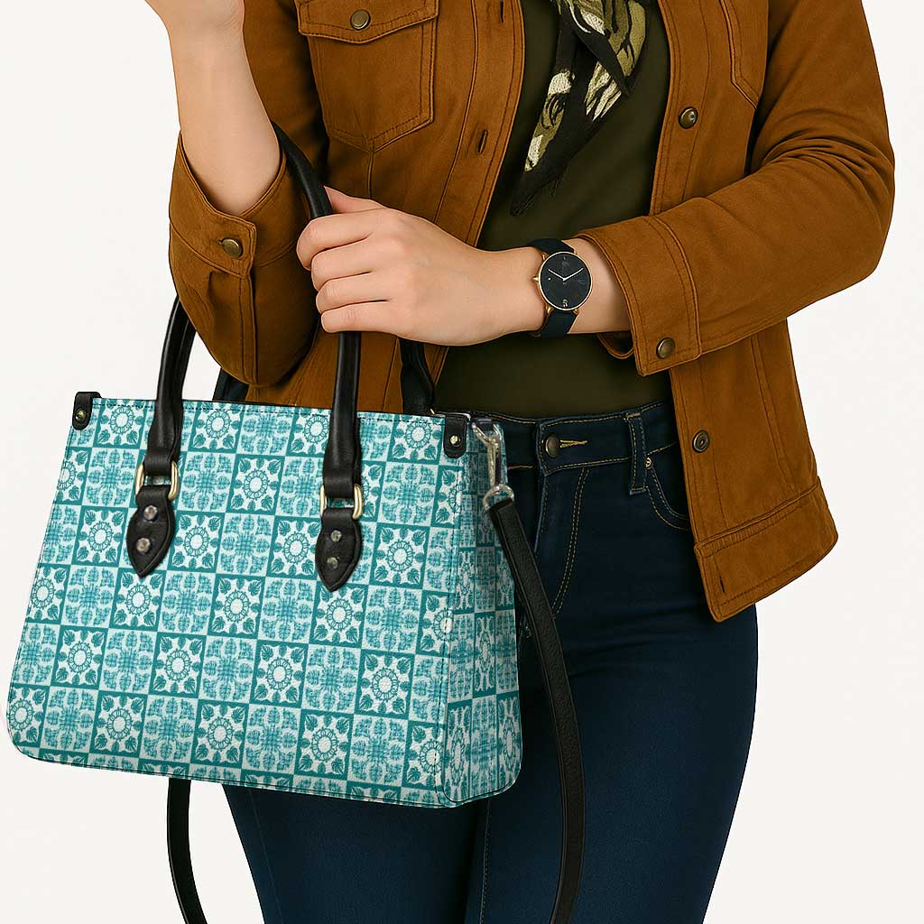 Cyan Palaka Quilt Hawaii Leather Bag Hawaiian Tropical Monstera Sea Turtle