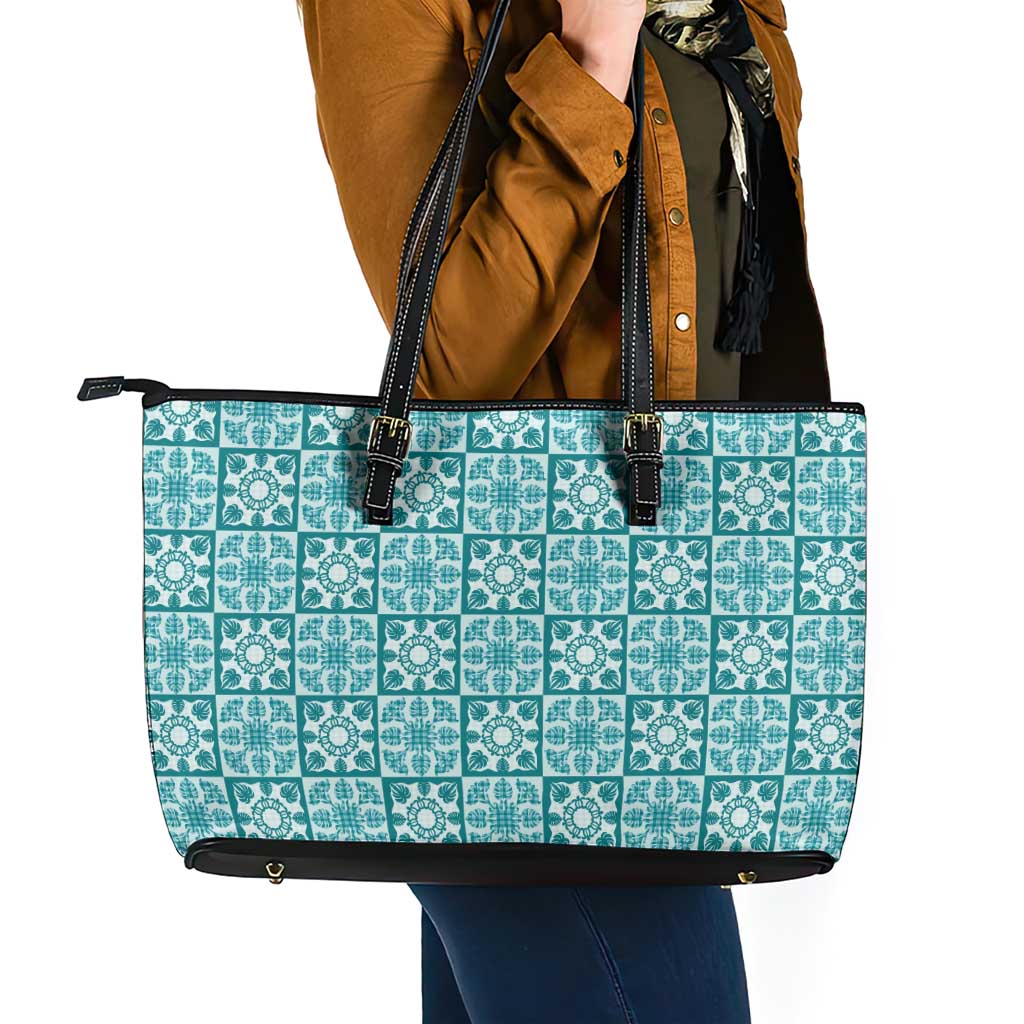 Cyan Palaka Quilt Hawaii Leather Tote Bag Hawaiian Tropical Monstera Sea Turtle