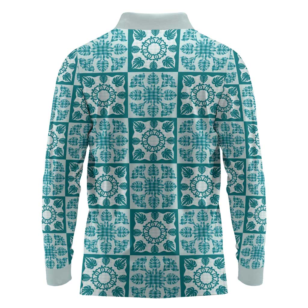 Cyan Palaka Quilt Hawaii Long Sleeve Polo Shirt Hawaiian Tropical Monstera Sea Turtle