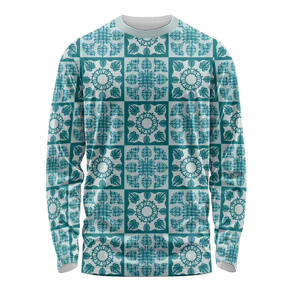 Cyan Palaka Quilt Hawaii Long Sleeve Shirt Hawaiian Tropical Monstera Sea Turtle